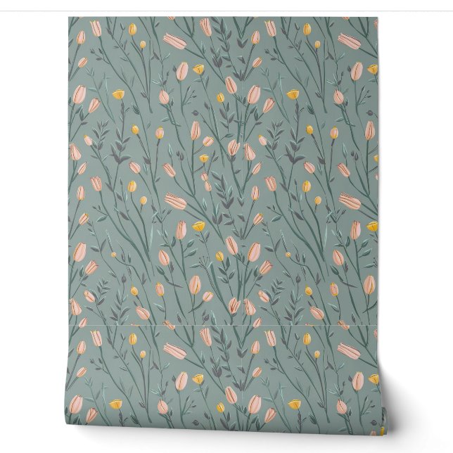 Moderne roze gele kleine bloemen behang (Afrollen)