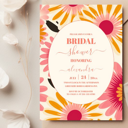 Moderne roze & gele Retro Bloemenbruids Kaart