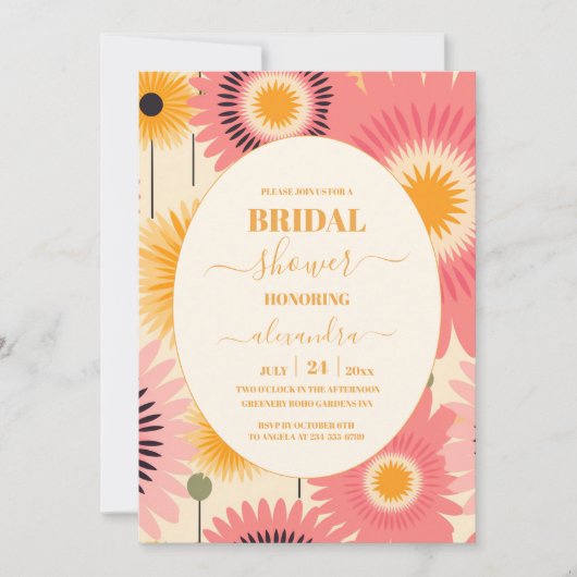 Moderne roze & gele Retro Bloemenbruids Kaart (Voorkant)