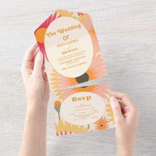 Moderne Roze & Gele Retro Bloemenbruiloft All In One Uitnodiging (Afscheurbaar)