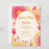 Moderne Roze & Gele Retro Bloemenbruiloft Save The Date (Voorkant)