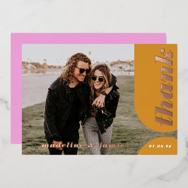 Moderne roze gele retroarchweduwschap Dank je Folie Uitnodiging