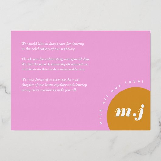 Moderne roze gele retroarchweduwschap Dank je Folie Uitnodiging (Achterkant)