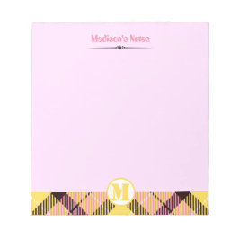 Moderne roze gele Tartan Monogram Naam Notitieblok