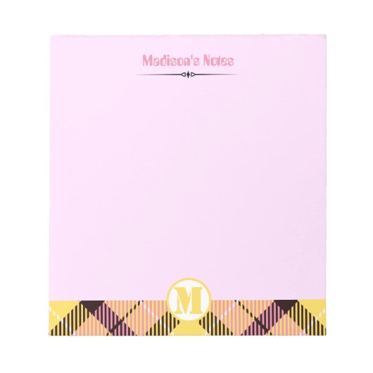 Moderne roze gele Tartan Monogram Naam Notitieblok (Voorkant)