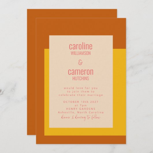 Moderne roze gele terracotta Geometric Wedding Kaart (Voorkant / Achterkant)