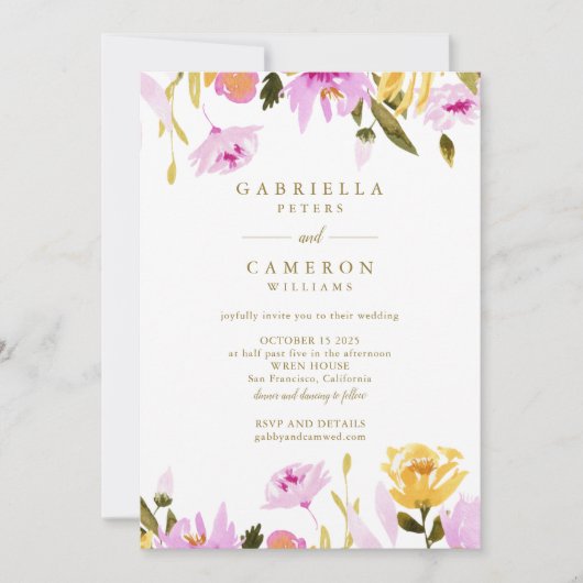 Moderne roze gele Waterverf - Floral Wedding Kaart (Voorkant)