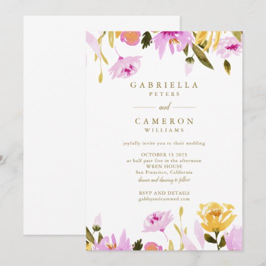 Moderne roze gele Waterverf - Floral Wedding Kaart (Voorkant / Achterkant)