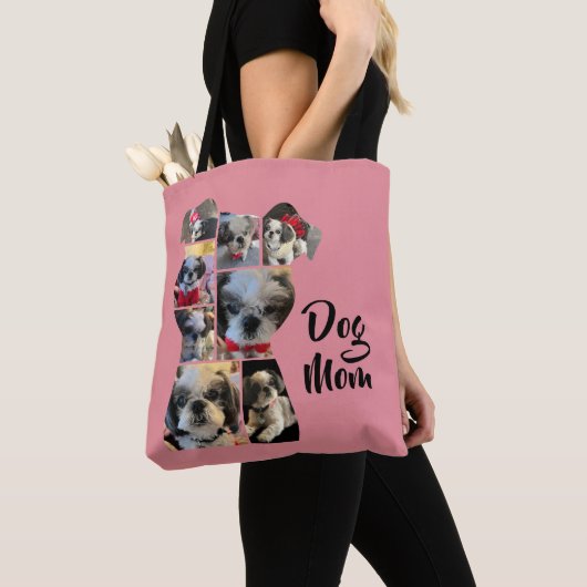 Moderne Roze Gepersonaliseerde Hond Mama Fotocolla Tote Bag (Dichtbij)