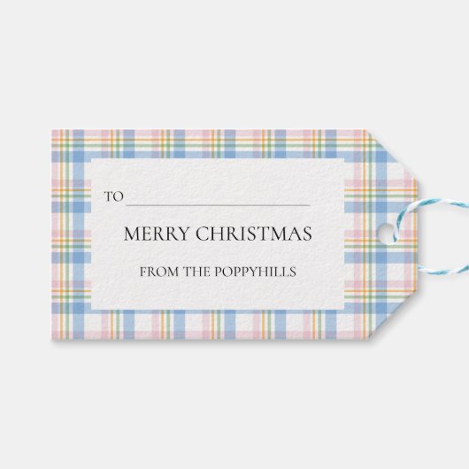 Moderne Roze Geruite Kerstcadeautag Cadeaulabel (Voorkant (Horizontaal))