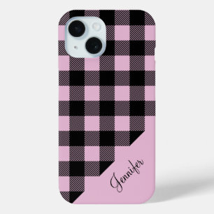 Moderne Roze Geruite Patroon Naam iPhone 15 Case