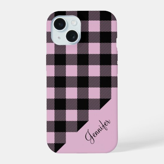 Moderne Roze Geruite Patroon Naam iPhone 15 Case (Achterkant)