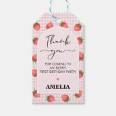 Moderne roze gingham bessen lief 1e verjaardag cadeaulabel (Voorkant)