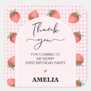 Moderne roze gingham bessen lief 1e verjaardag vierkante sticker