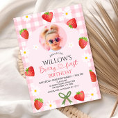 Moderne Roze Gingham Hart Bes Eerste Verjaardag Kaart