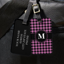 Moderne Roze Gingham Monogram Bagagelabel