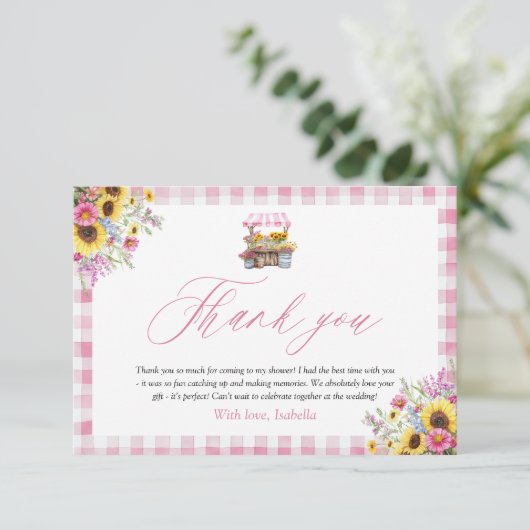 Moderne Roze Gingham Rechtstreeks Van De Markt Dan Bedankkaart (Staand voorkant)