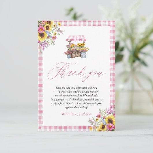 Moderne Roze Gingham Rechtstreeks Van De Markt Dan Bedankkaart (Staand voorkant)