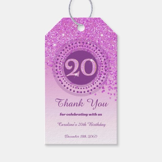 Moderne Roze Glitter 20e Verjaardag Vallend Cadeaulabel (Voorkant)