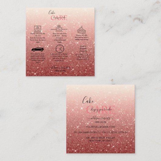 Moderne roze glitter Cake Care Vierkante Visitekaartje (Voorkant / Achterkant)