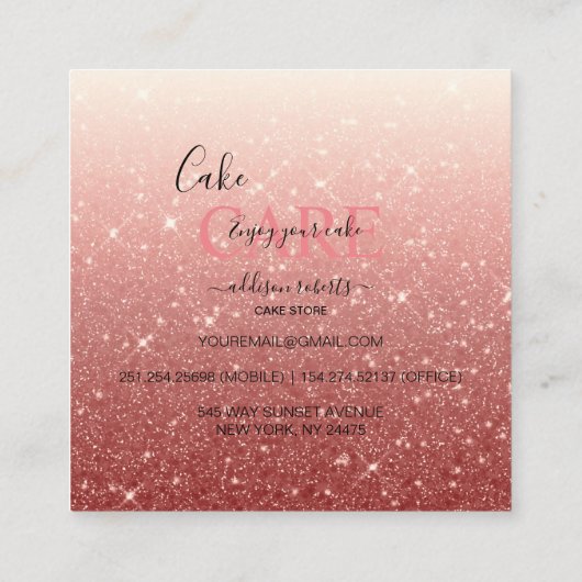 Moderne roze glitter Cake Care Vierkante Visitekaartje (Achterkant)