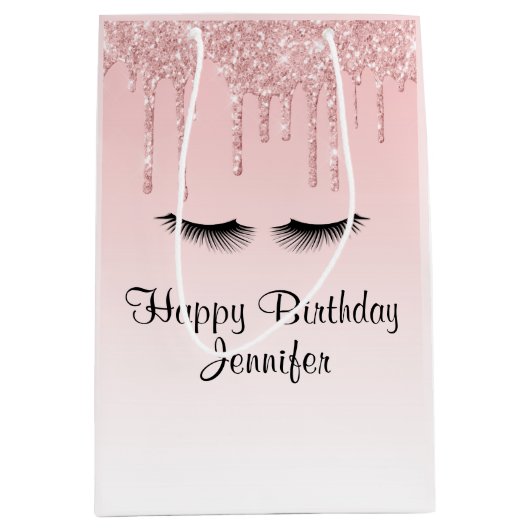 Moderne Roze Glitter Drips & Wimpers Verjaardag Medium Cadeauzakje (Voorkant)
