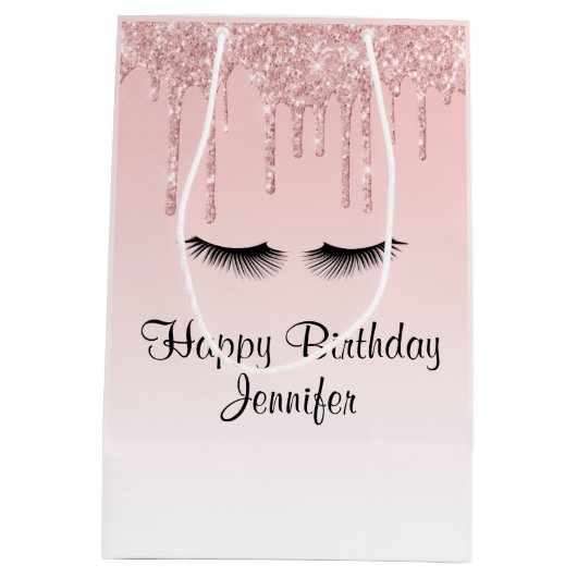 Moderne Roze Glitter Drips & Wimpers Verjaardag Medium Cadeauzakje (Achterkant)