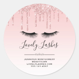 Moderne Roze Glitter Drips & Wimpers Zakelijk Ronde Sticker