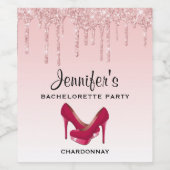 Moderne Roze Glitter Druppels & Hoge Hakken Wijn Etiket (Enkel label)