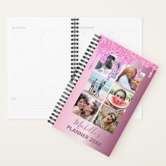 Moderne Roze Glitter Druppelt Fotocollage Dagelijk Planner (Display)
