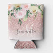 Moderne roze glitter en bloemen met naam blikjeskoeler (Voorkant)