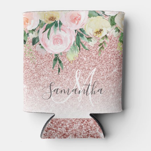 Moderne roze glitter en bloemen met naam blikjeskoeler (Voorkant)