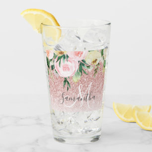 Moderne roze glitter en bloemen met naam glas