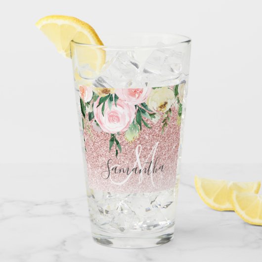 Moderne roze glitter en bloemen met naam glas (Voorkant ijs)