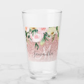 Moderne roze glitter en bloemen met naam glas (Voorkant)