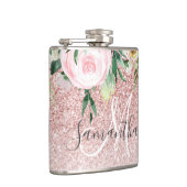 Moderne roze glitter en bloemen met naam heupfles (Rechts)
