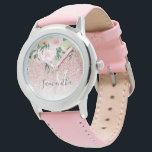 Moderne roze glitter en bloemen met naam horloge<br><div class="desc">Moderne roze glitter en bloemen met naam</div>