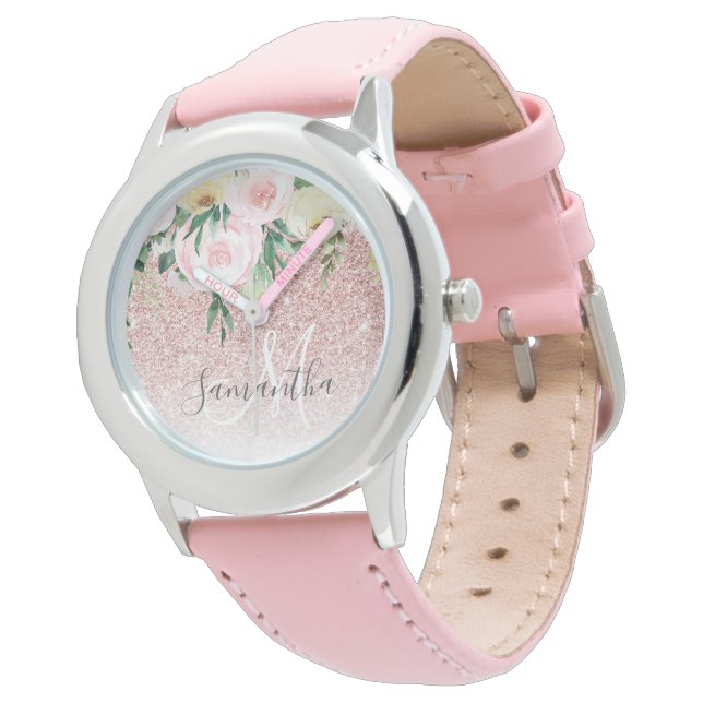 Moderne roze glitter en bloemen met naam horloge (Gekanteld)