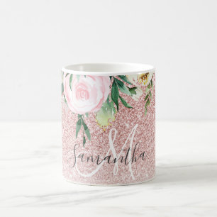 Moderne roze glitter en bloemen met naam koffiemok