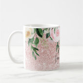 Moderne roze glitter en bloemen met naam koffiemok (Links)