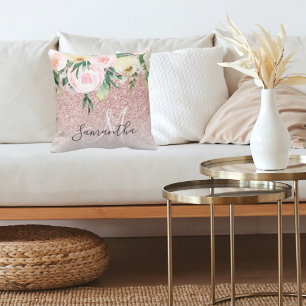 Moderne roze glitter en bloemen met naam kussen
