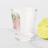 Moderne roze glitter en bloemen met naam shot glas (Rechts)