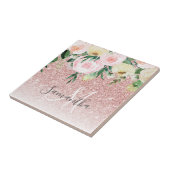 Moderne roze glitter en bloemen met naam tegeltje (Zijkant)