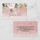 Moderne roze glitter en bloemen met naam visitekaartje (Voorkant / Achterkant)