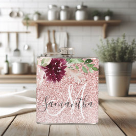 Moderne roze glitter en ventilator met naam heupfles