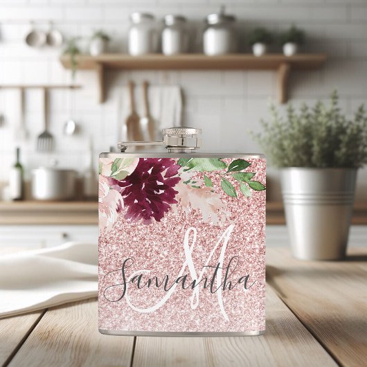 Moderne roze glitter en ventilator met naam heupfles
