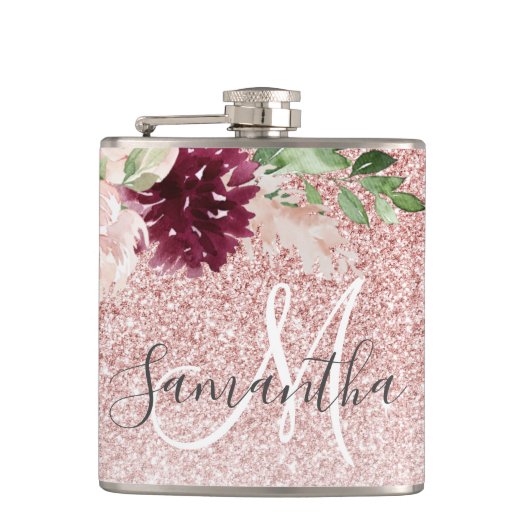 Moderne roze glitter en ventilator met naam heupfles (Voorkant)