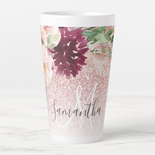 Moderne roze glitter en ventilator met naam latte mok (Voorkant)