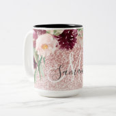 Moderne roze glitter en ventilator met naam tweekleurige koffiemok (Voorkant links)
