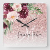 Moderne roze glitter en ventilator met naam vierkante klok (Voorkant)